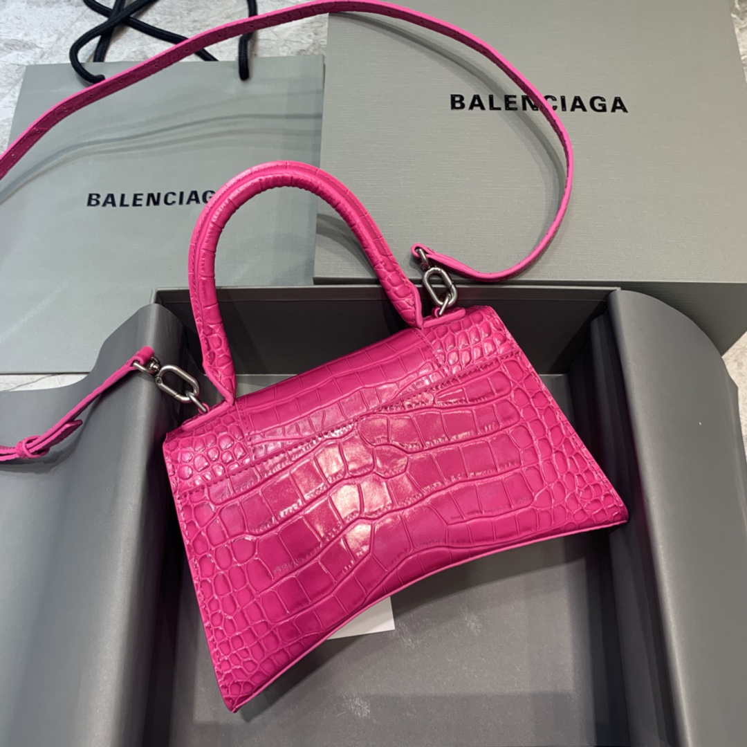 Balenciaga Hourglass Small Handbag Crocodile Embossed Shoulder Bag Rose Red